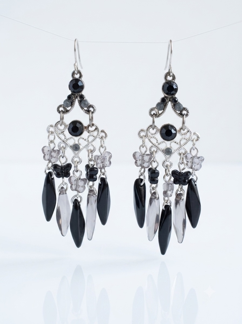 Silver Chandelier Statement Earrings with Black and Smoky Gray Beads